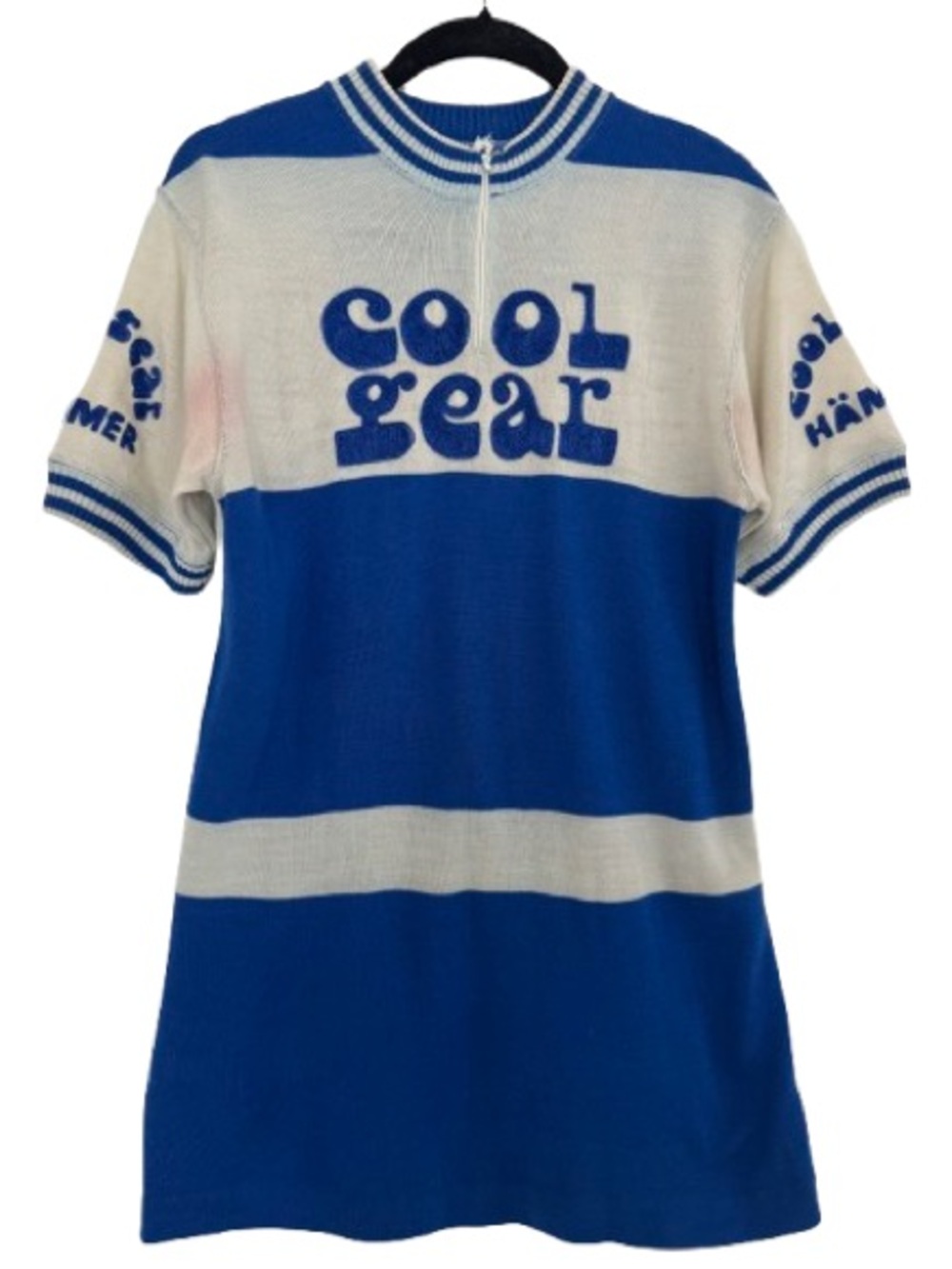 Vintage Cool Gear Cycling Jersey White Blue Stripe Retro Knit